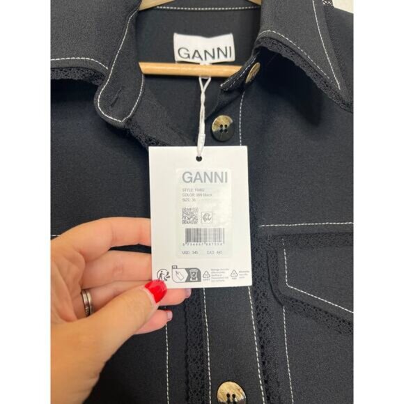 NWT Ganni Sable Topstitch Crepe Swing Spread Collar Button Mini Dress Black Sz 4 - Picture 5 of 9